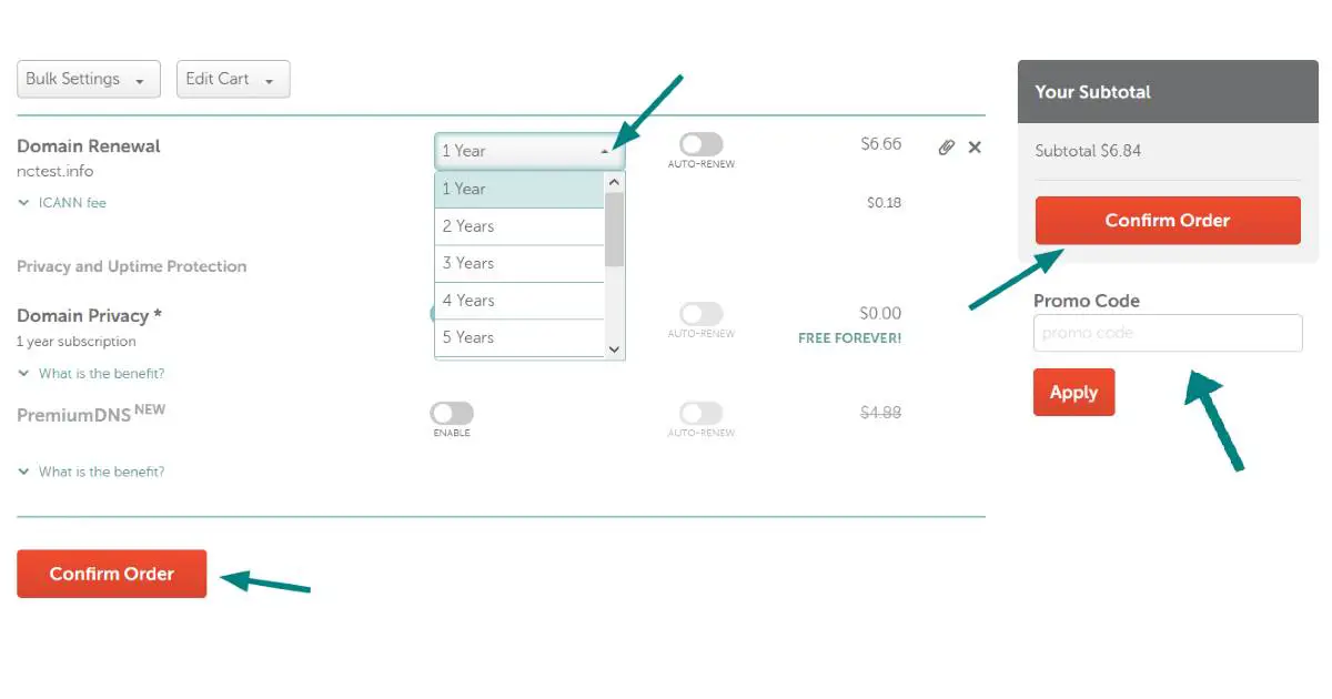 Namecheap Renew Cart Page